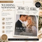 Canva editable wedding newspaper template hero image for printable 4 page tabloid wedding program