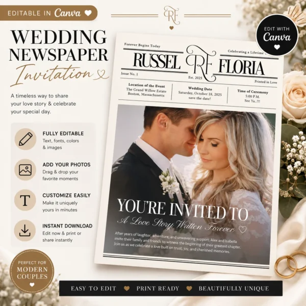 Canva editable wedding newspaper template hero image for printable 4 page tabloid wedding program