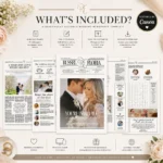 Canva editable wedding newspaper template with 6 unique pages and fully editable wedding newspaper layout