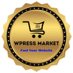 WPress Market logo featuring a yellow shopping cart and slogan "Fuel Your Website