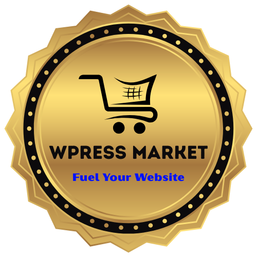 WPress Market logo featuring a yellow shopping cart and slogan "Fuel Your Website